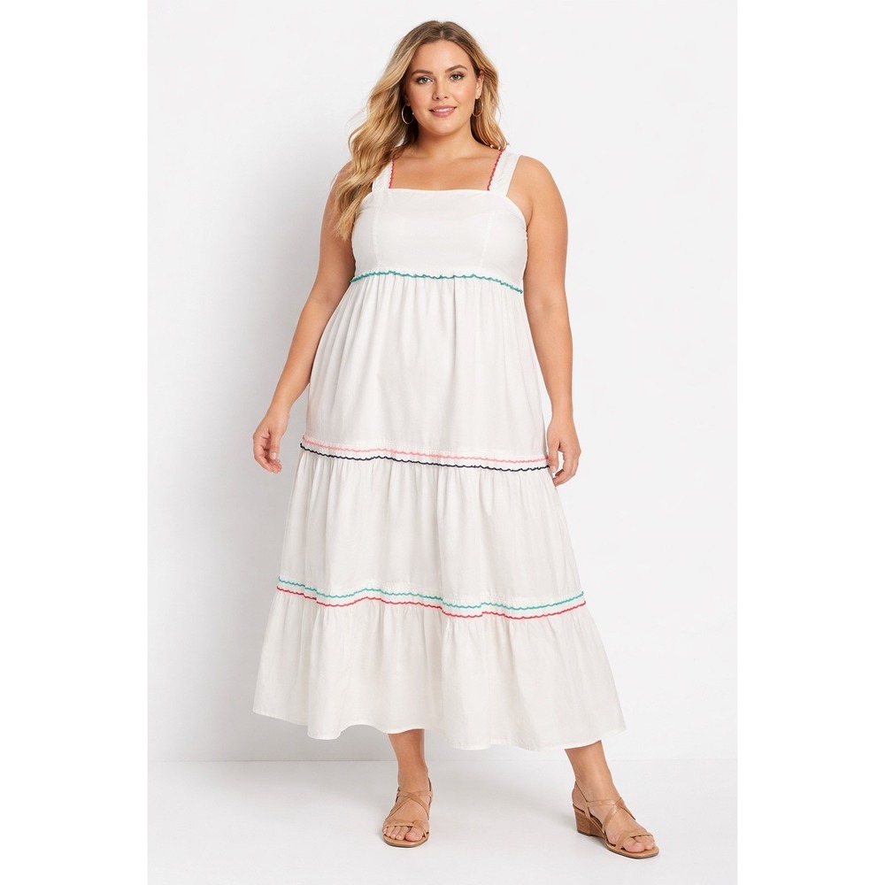 LOFT White Maxi Dress XL Square Neck Tiered‎ Rainbow Ruffle Smock Resortwear